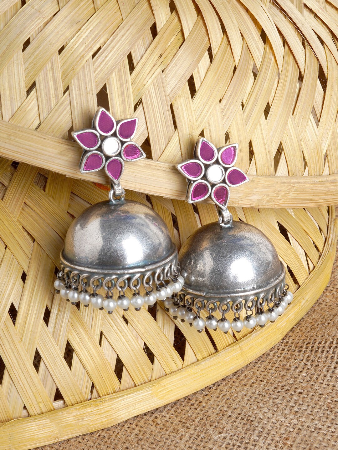 

TEEJH Dome Shaped Oxidised Jhumkas Earrings, Silver