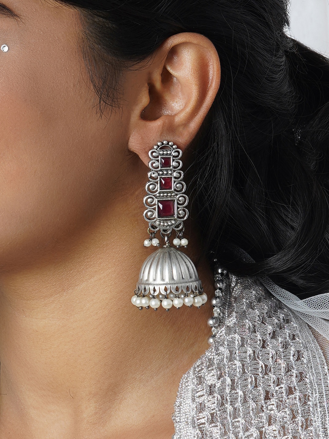 

TEEJH Oxidised Dome Shaped Jhumkas Earrings, Silver