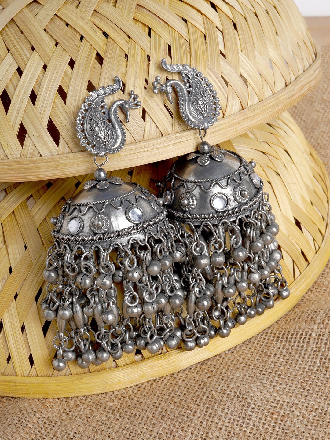 

TEEJH Dome Shaped Oxidised Jhumkas, Silver