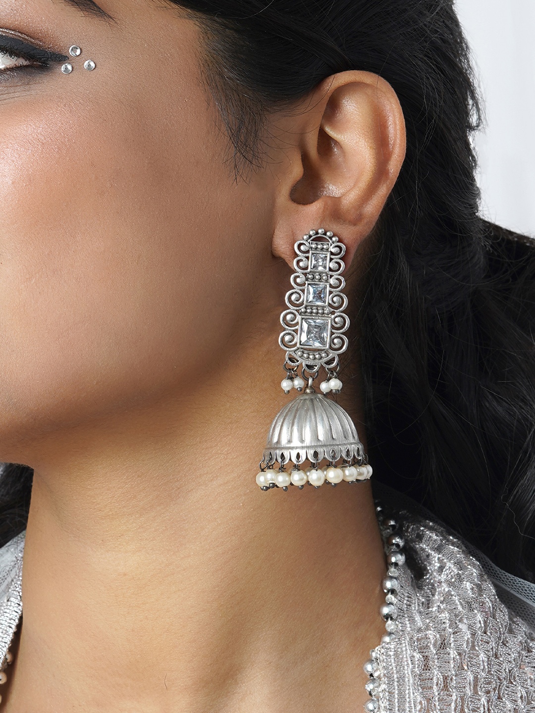 

TEEJH Dome Shaped Oxidised Jhumkas, Silver