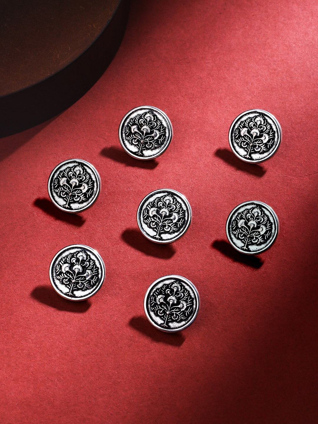 

COSA NOSTRAA Set of 7 Circular Tree Motif Textured Buttons, Silver