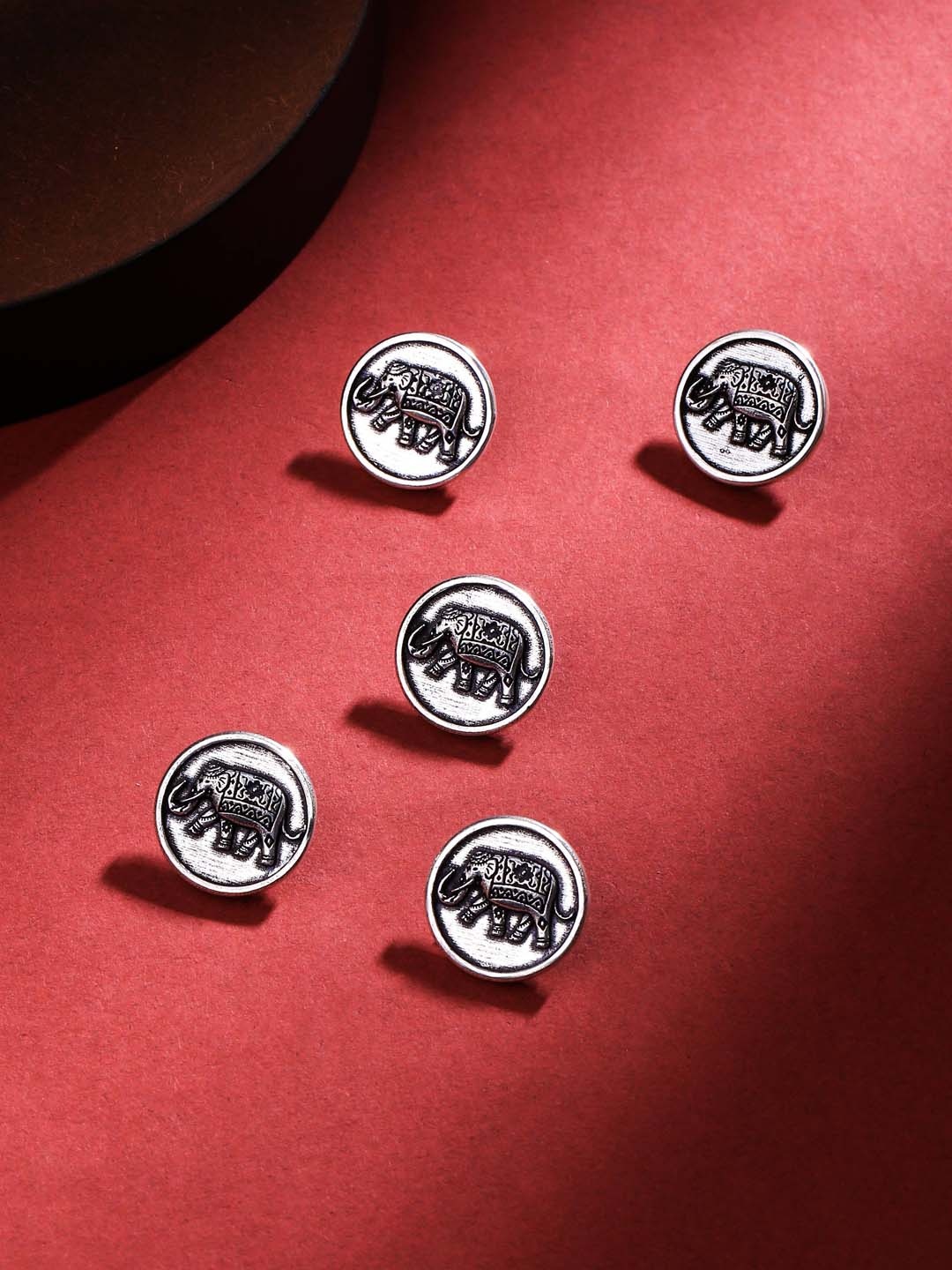 COSA NOSTRAA Set of 5 Circular Daring Deer Textured Buttons, Silver