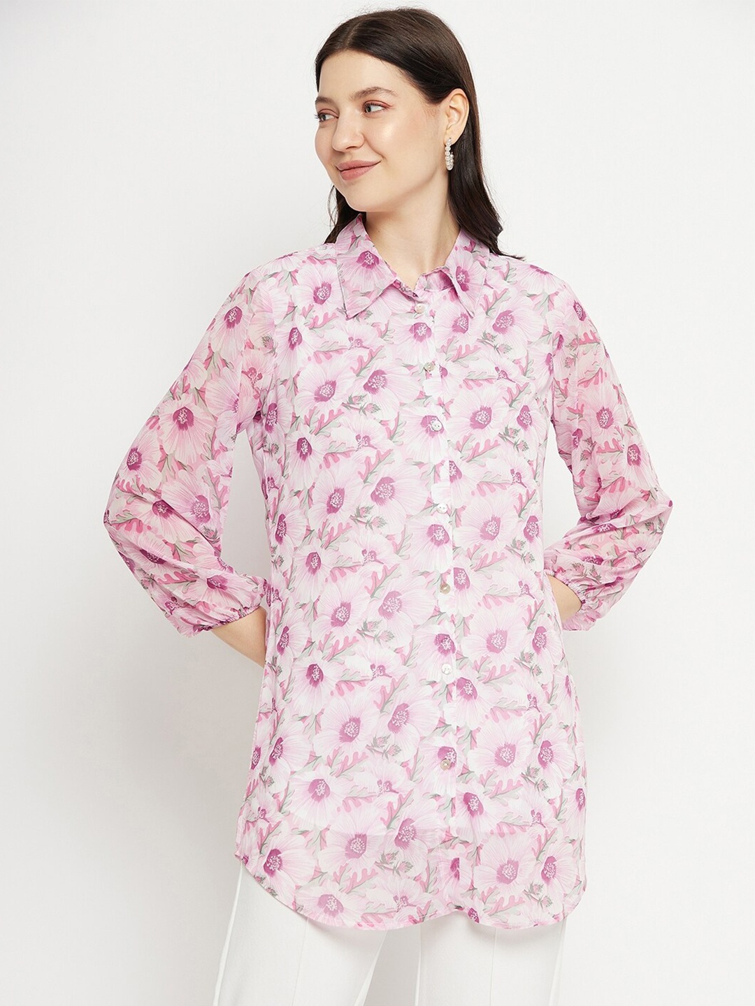 

Bitterlime Floral Printed Shirt Collar Tunic, Pink