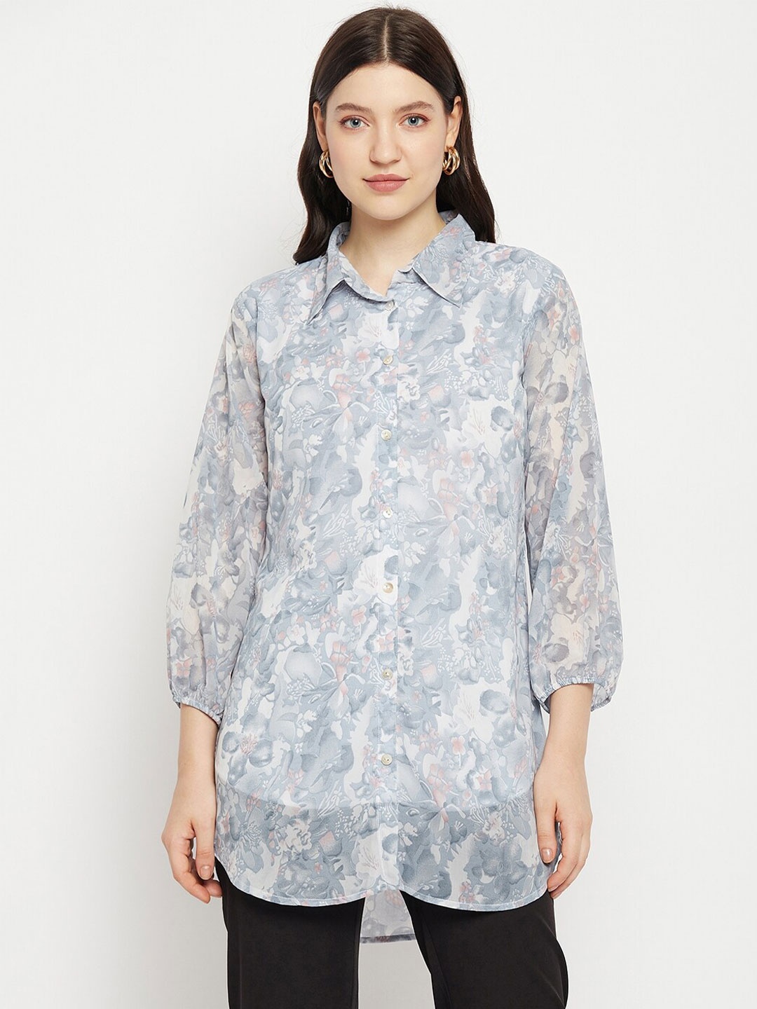 

Bitterlime Shirt Collar Floral Printed Tunic, Grey