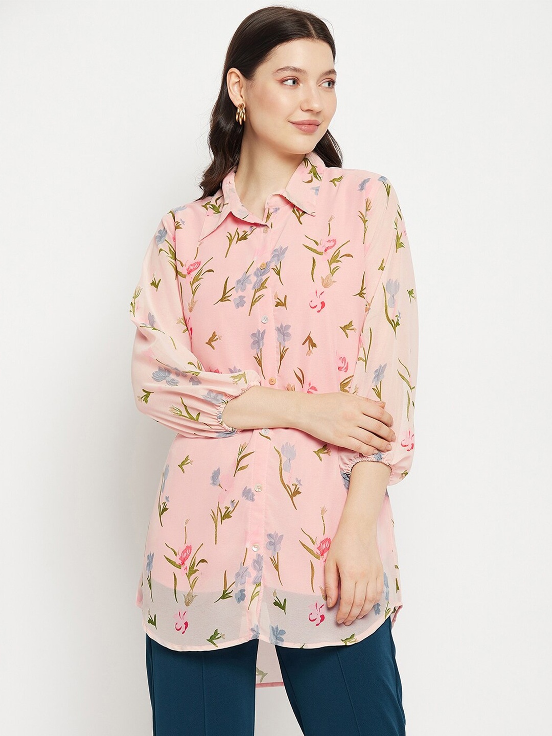 

Bitterlime Shirt Collar Floral Printed Tunic, Peach