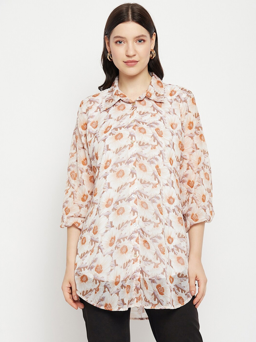 

Bitterlime Shirt Collar Floral Printed Tunic, Brown