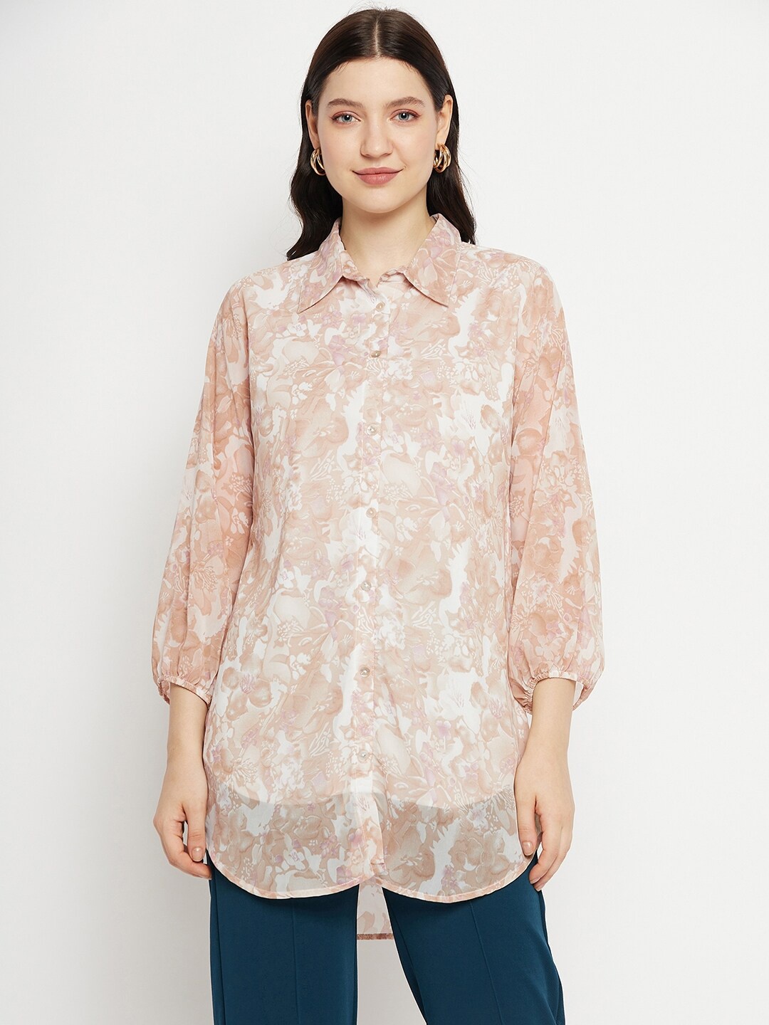 

Bitterlime Floral Printed Shirt Collar Tunic, Pink