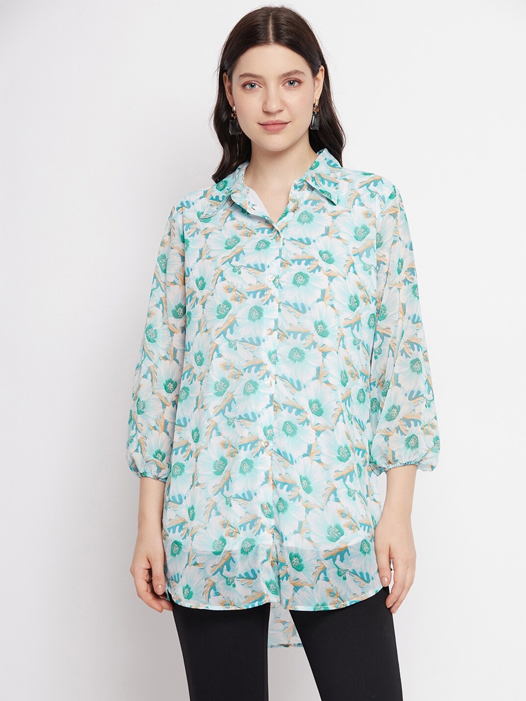 

Bitterlime Floral Printed Shirt Collar Tunic, Blue