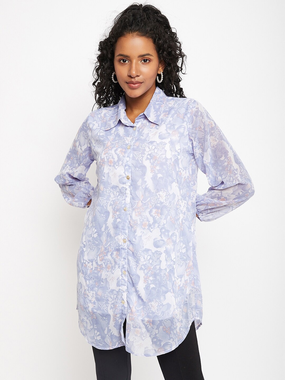 

Bitterlime Floral Printed Shirt Collar Tunic, Blue