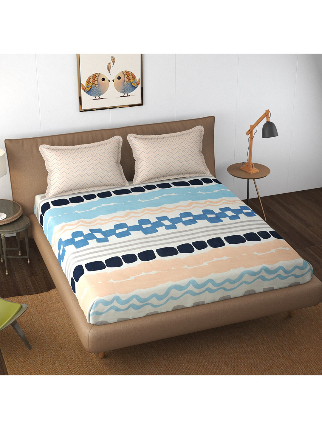 

Florida Blue & Beige Geometric Microfiber 250 TC Queen Bedsheet With 2 Pillow Covers