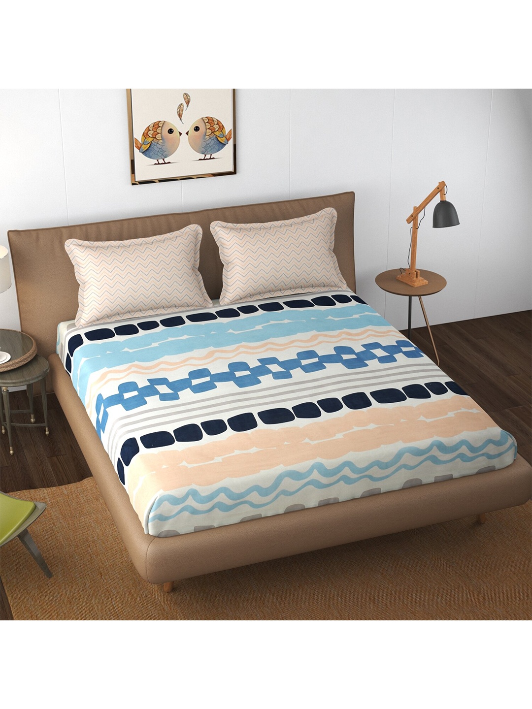 

Florida Blue & Beige Geometric Microfiber 250 TC King Bedsheet With 2 Pillow Covers
