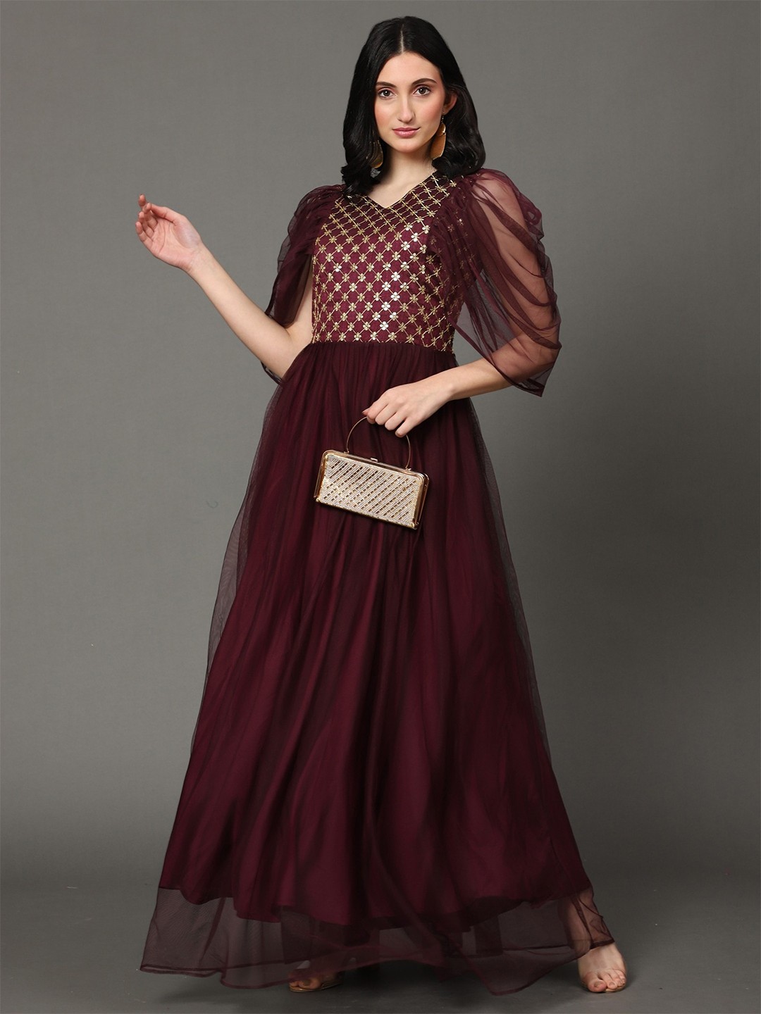 

Femvy Ethnic Motifs Embellished Cap Sleeve Net Maxi Ethnic Dress, Burgundy