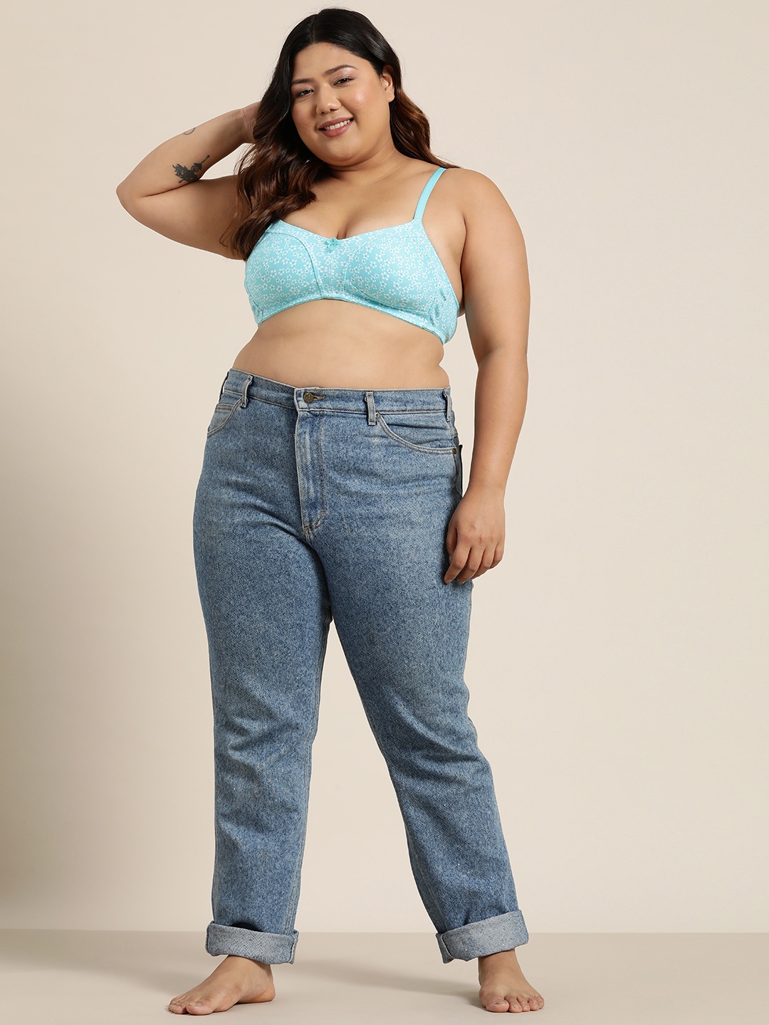 

Sztori Plus Size Floral Printed Medium Coverage T-shirt Bra-SZ-1129, Turquoise blue