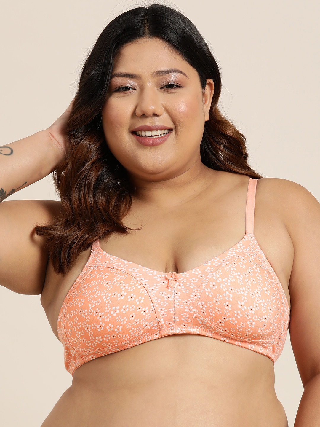 

Sztori Plus Size Floral Printed Medium Coverage T-shirt Bra-SZ-1129, Orange