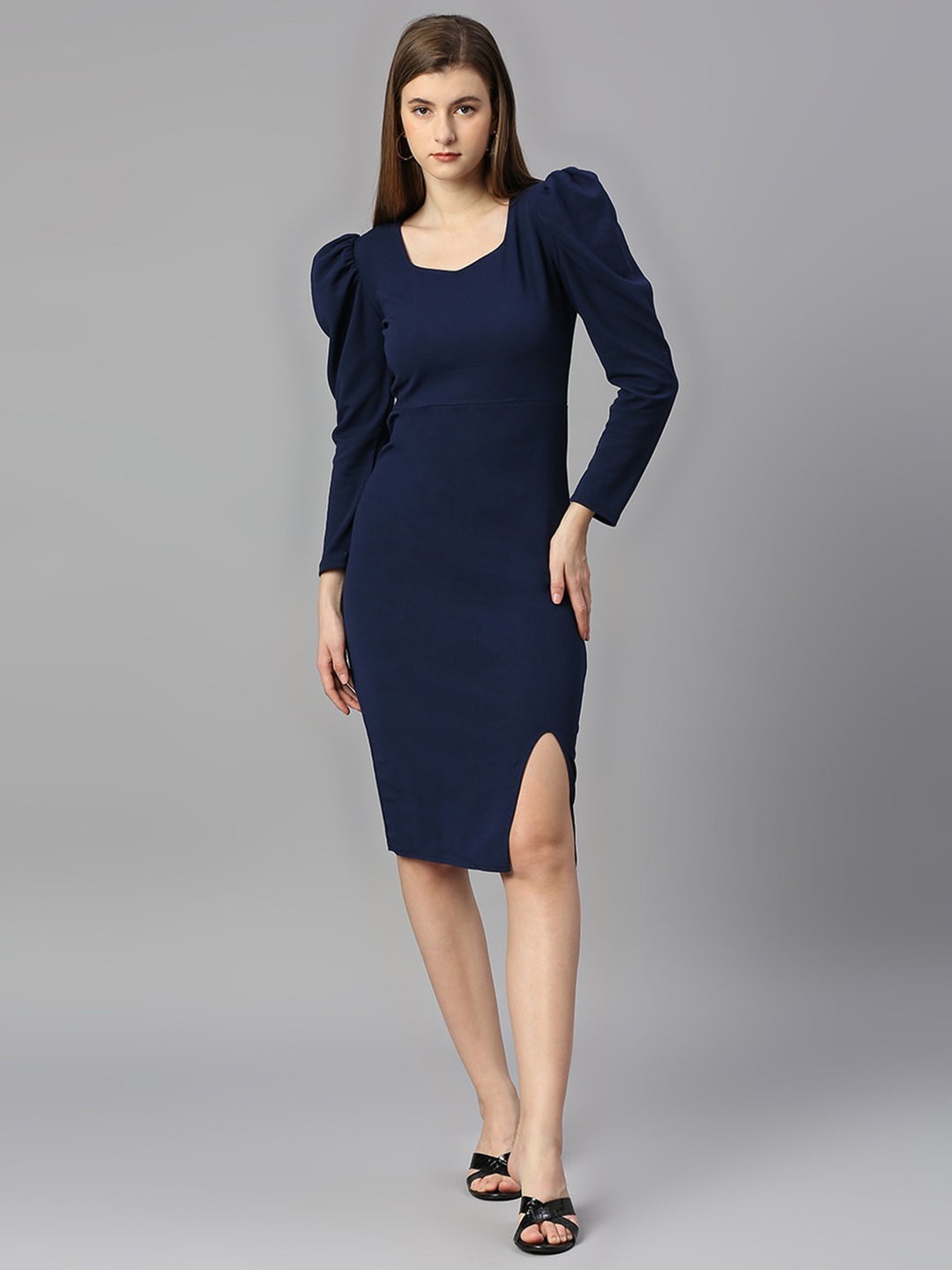 

Vaidehi Fashion Puff Sleeves Slitted Sheath Dress, Blue