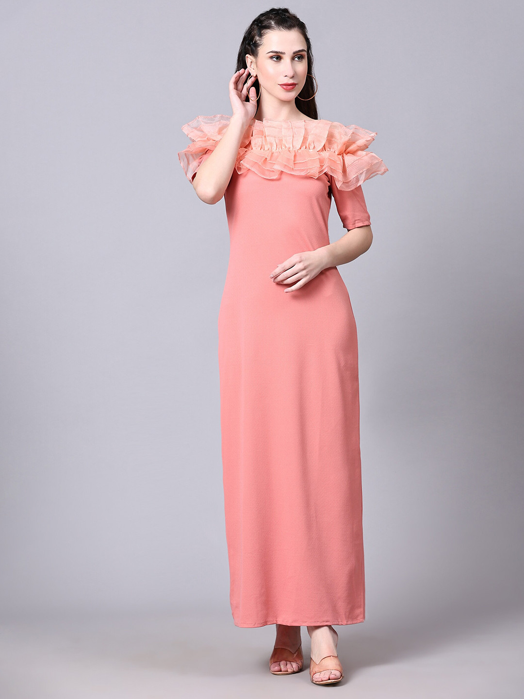 

Vaidehi Fashion Ruffled Off-Shoulder Maxi Dress With Slit, Peach
