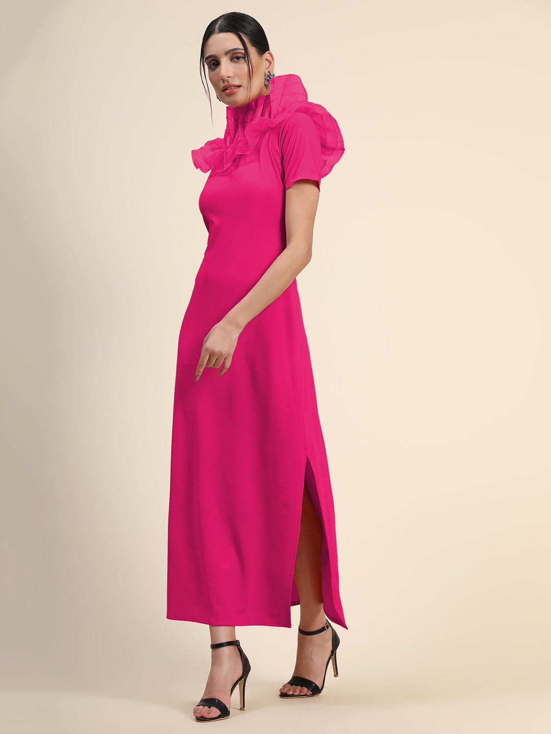 

Vaidehi Fashion Ruffled Off-Shoulder Maxi Dress With Slit, Pink