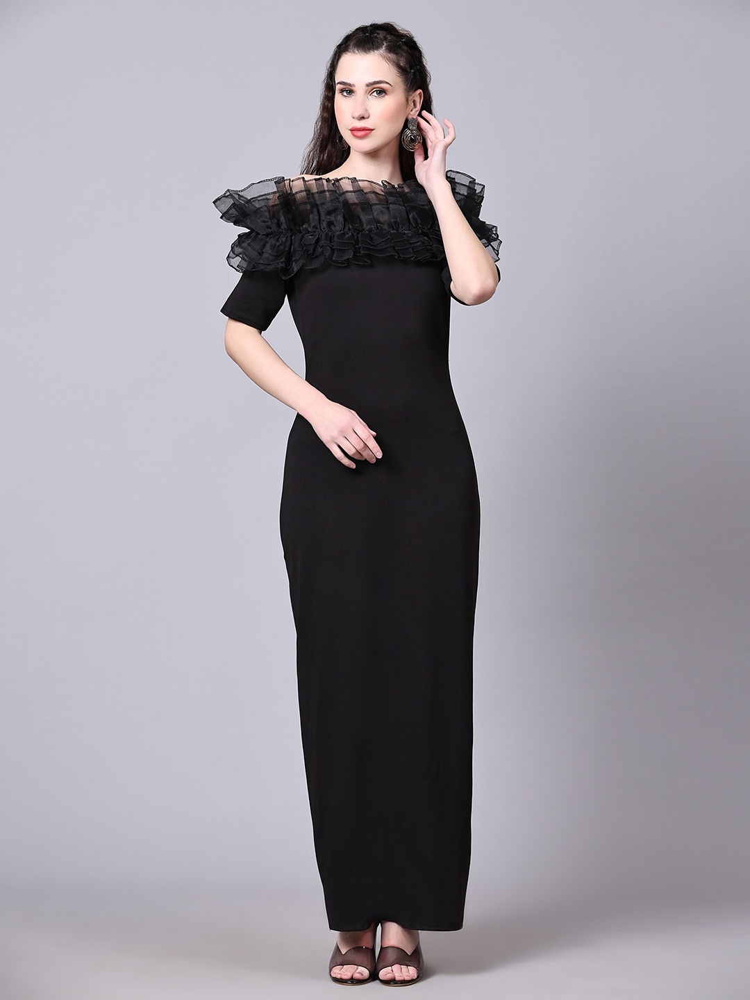 

Vaidehi Fashion Ruffled Off-Shoulder Maxi Dress With Slit, Black