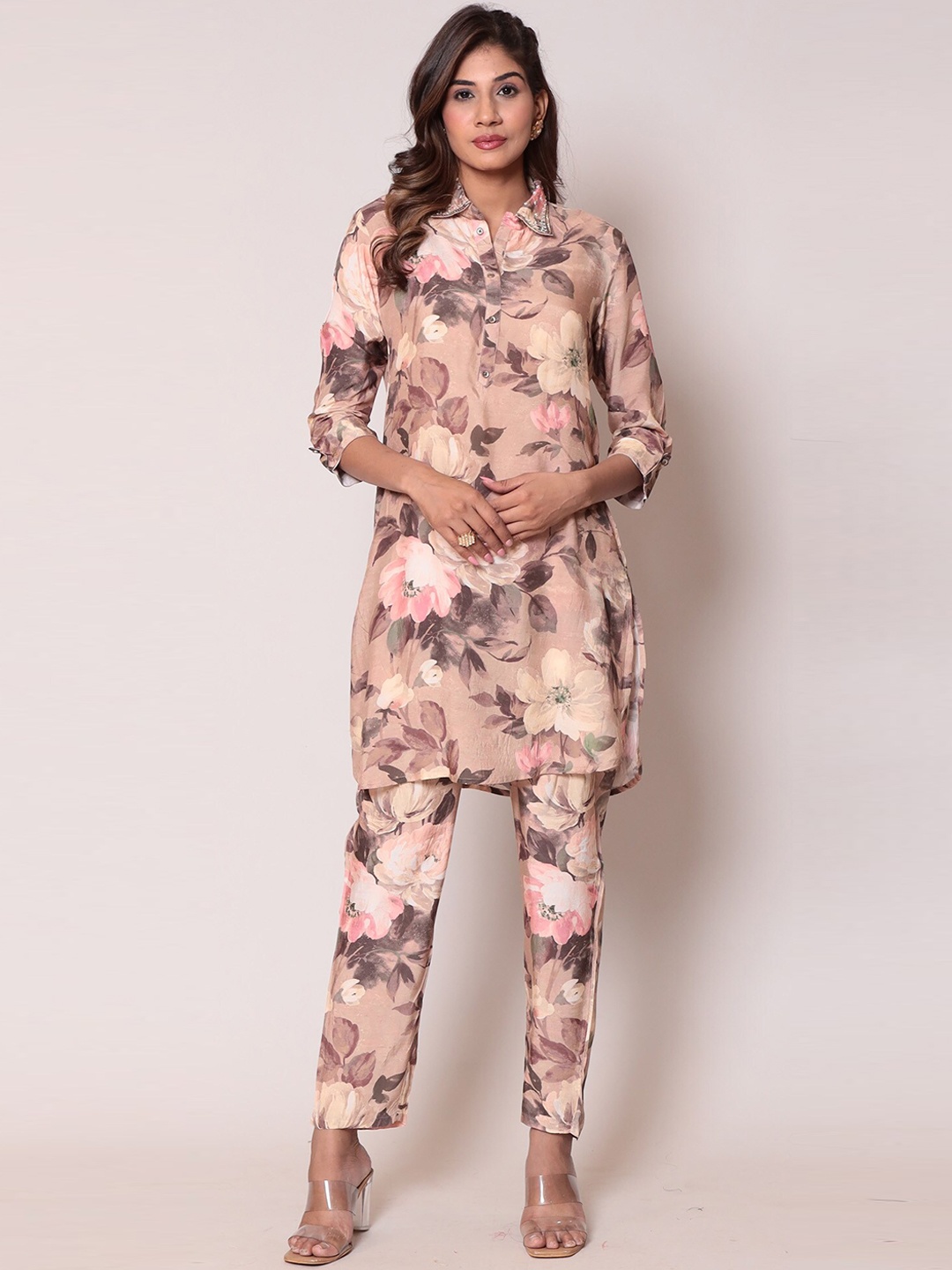 

ZARI Floral Printed Tunic Top With Trouser Co-Ord Set, Brown