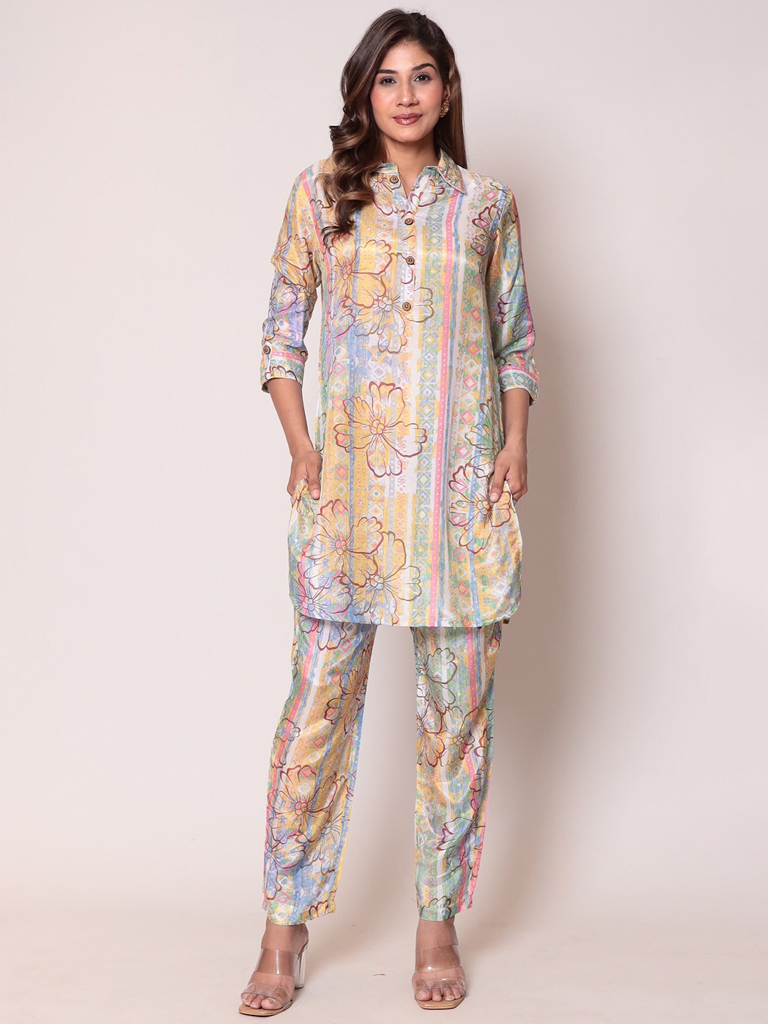 

ZARI Floral Printed Tunic Top With Trouser Co-Ord Set, Yellow