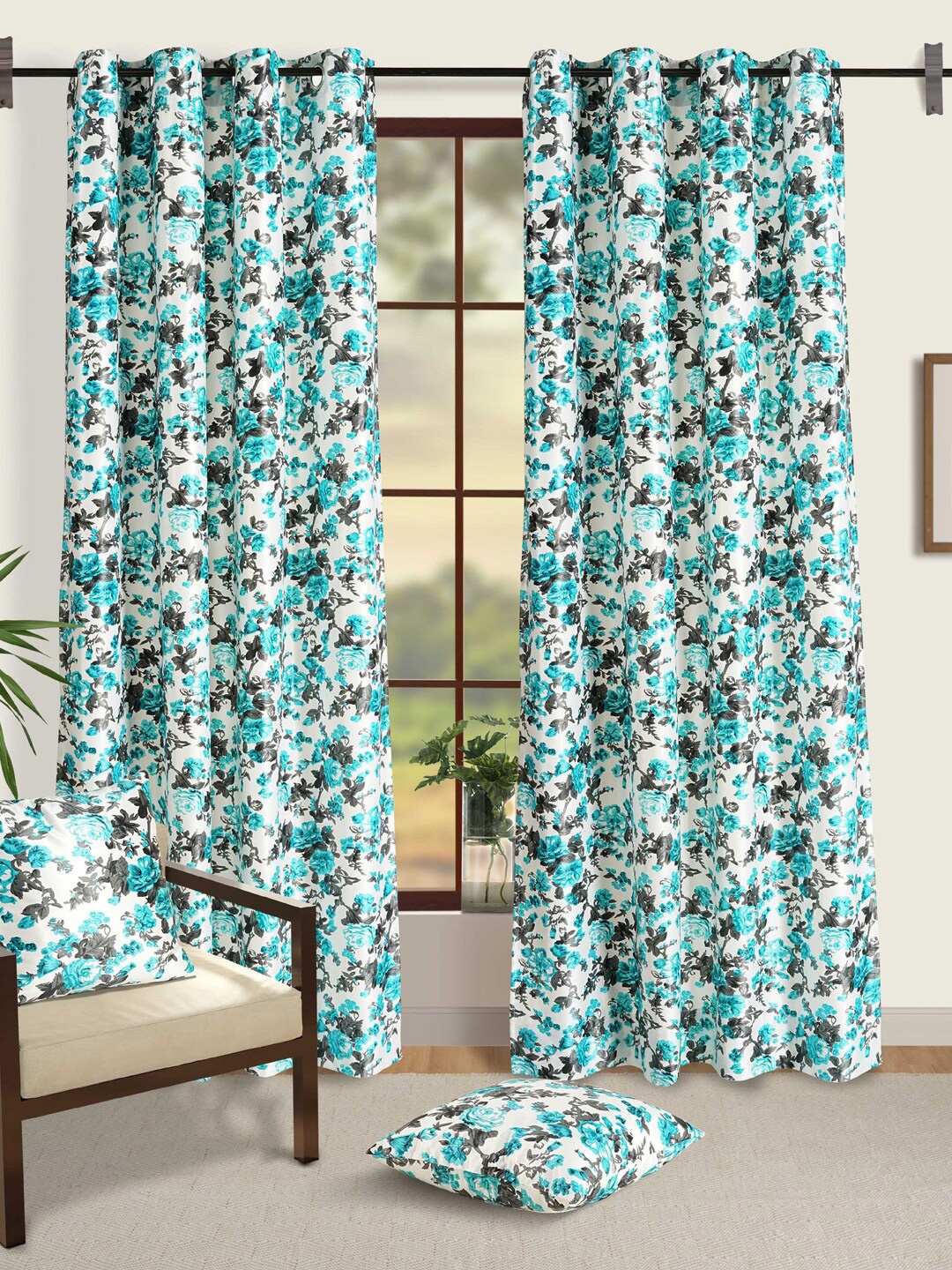 

SWAYAM Omega White & Blue 2 Pieces Floral Room Darkening Long Door Curtains