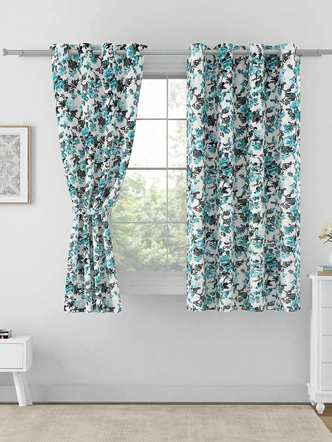 

SWAYAM Omega Blue & White 2 Pieces Floral Room Darkening Window Curtains