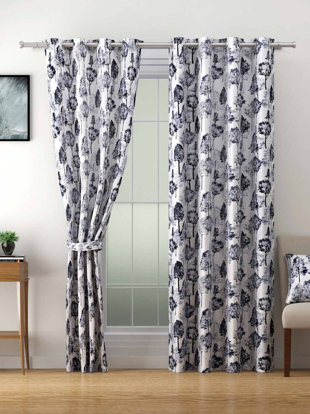 

SWAYAM Omega White & Grey 2 Pieces Floral Room Darkening Long Door Curtains