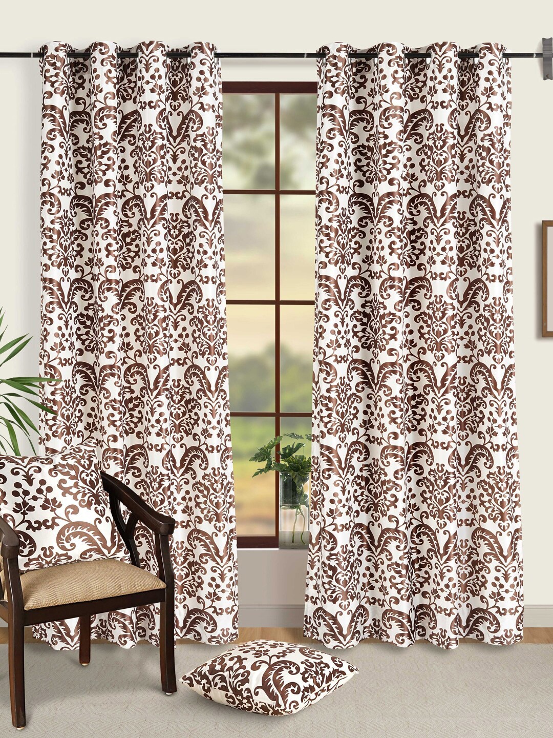 

SWAYAM Omega Brown & White 2 Pieces Ethnic Motifs Room Darkening Long Door Curtains