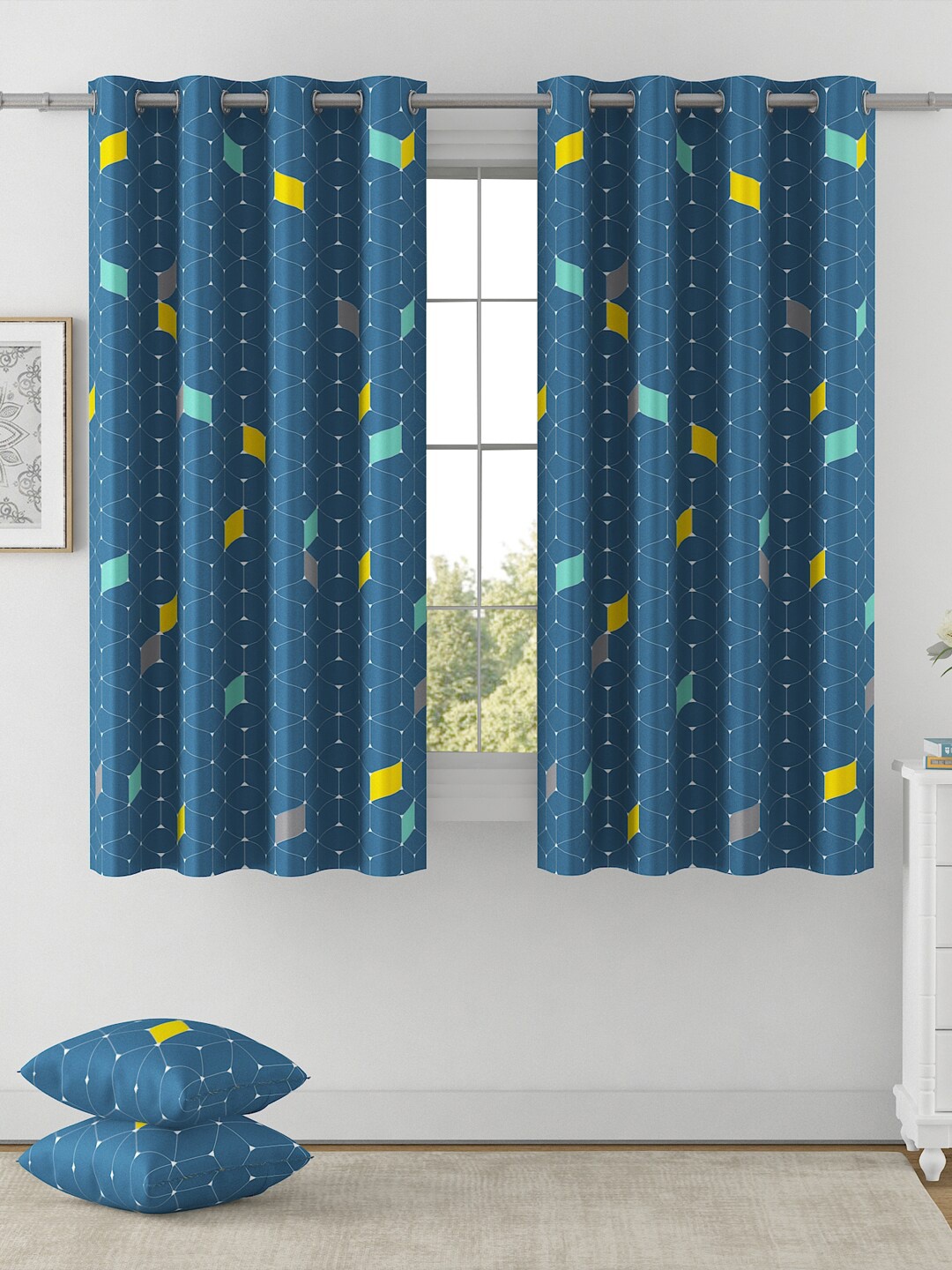 

SWAYAM Omega Blue & White 2 Pieces Geometric Room Darkening Window Curtains