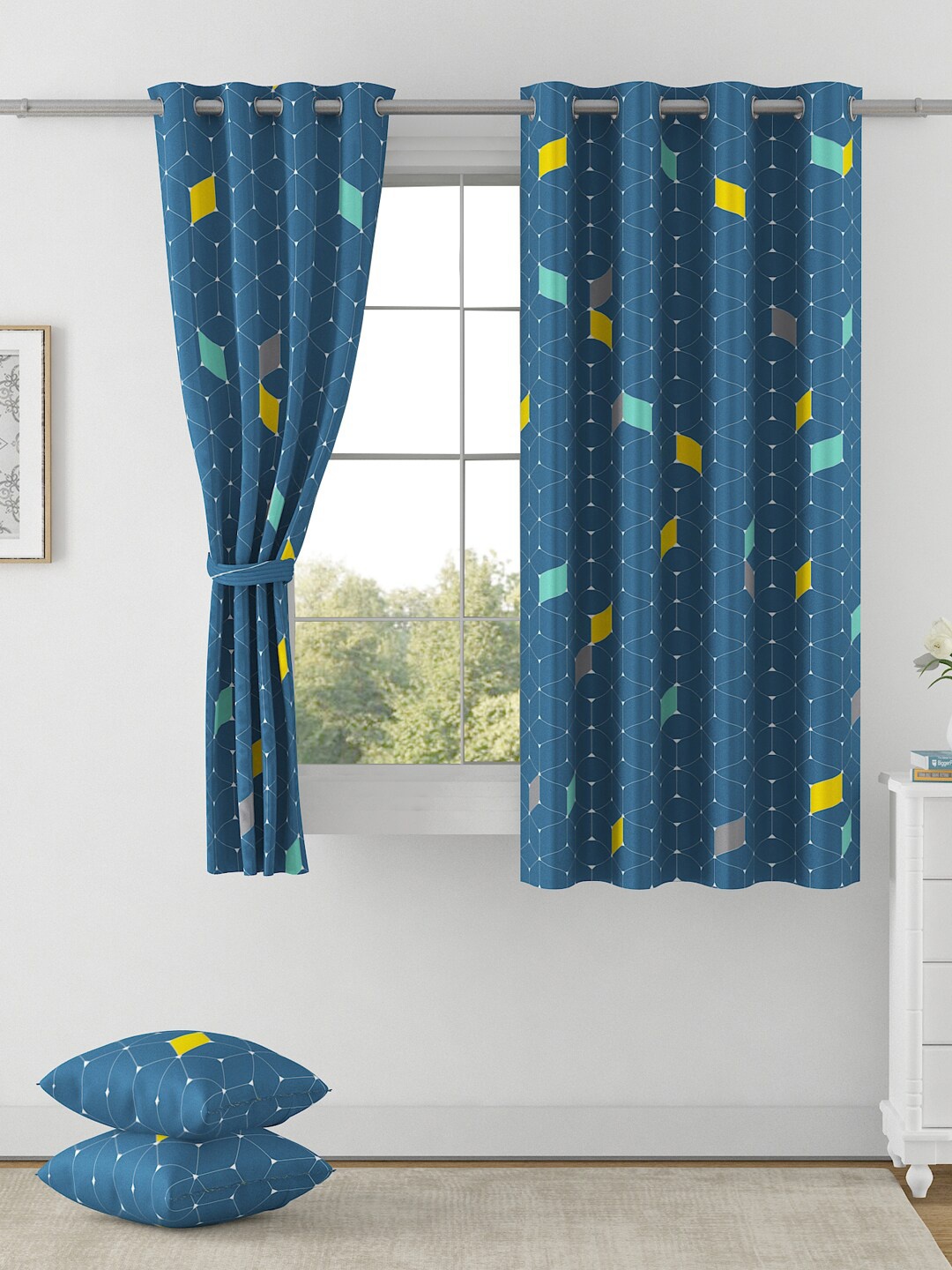 

SWAYAM Omega Blue & White 2 Pieces Geometric Room Darkening Window Curtains