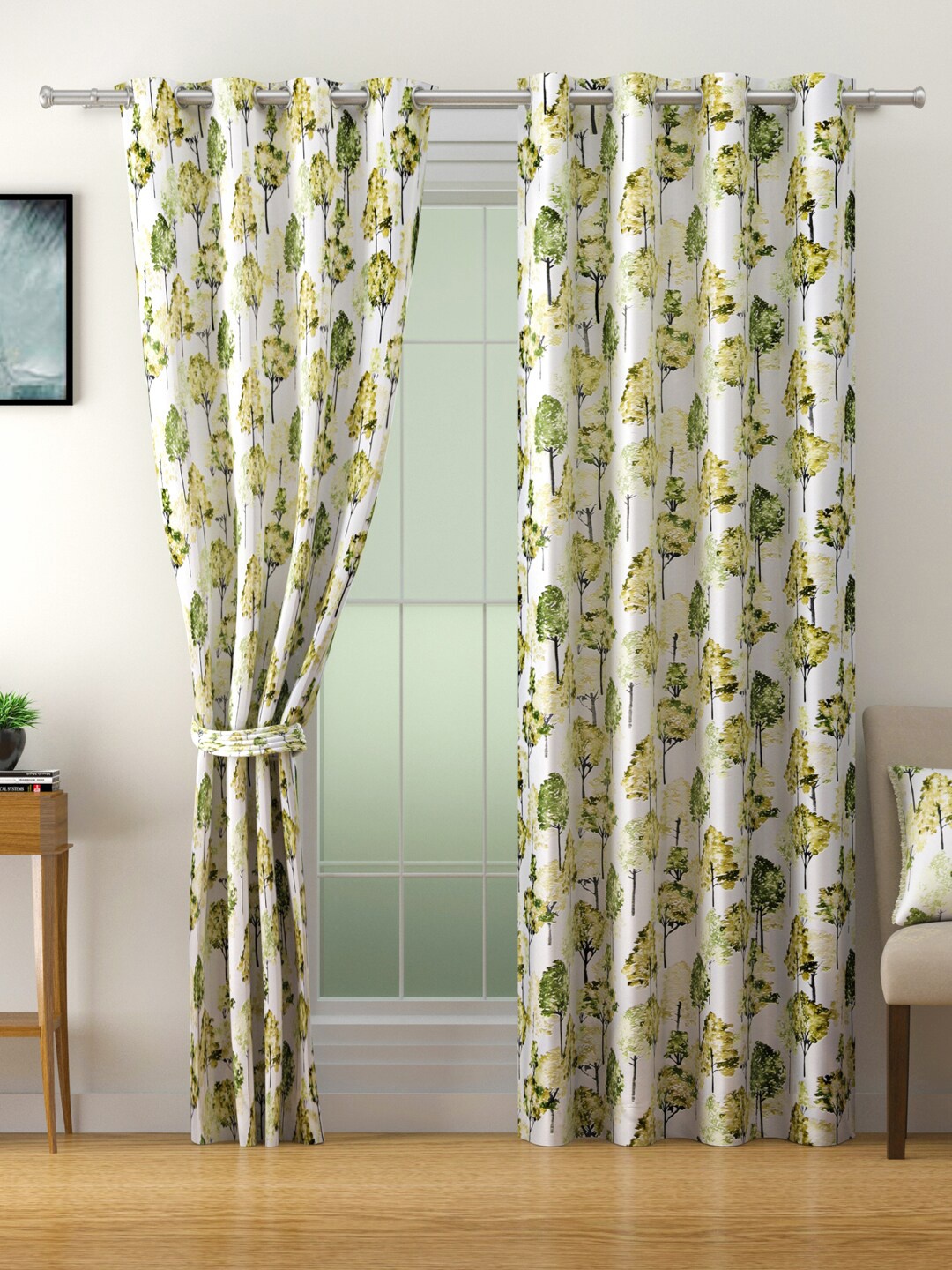 

SWAYAM Omega White & Green 2 Pieces Floral Room Darkening Long Door Curtains