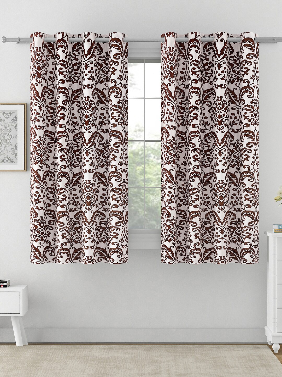 

SWAYAM Omega Brown & White 2 Pieces Ethnic Motifs Room Darkening Window Curtains