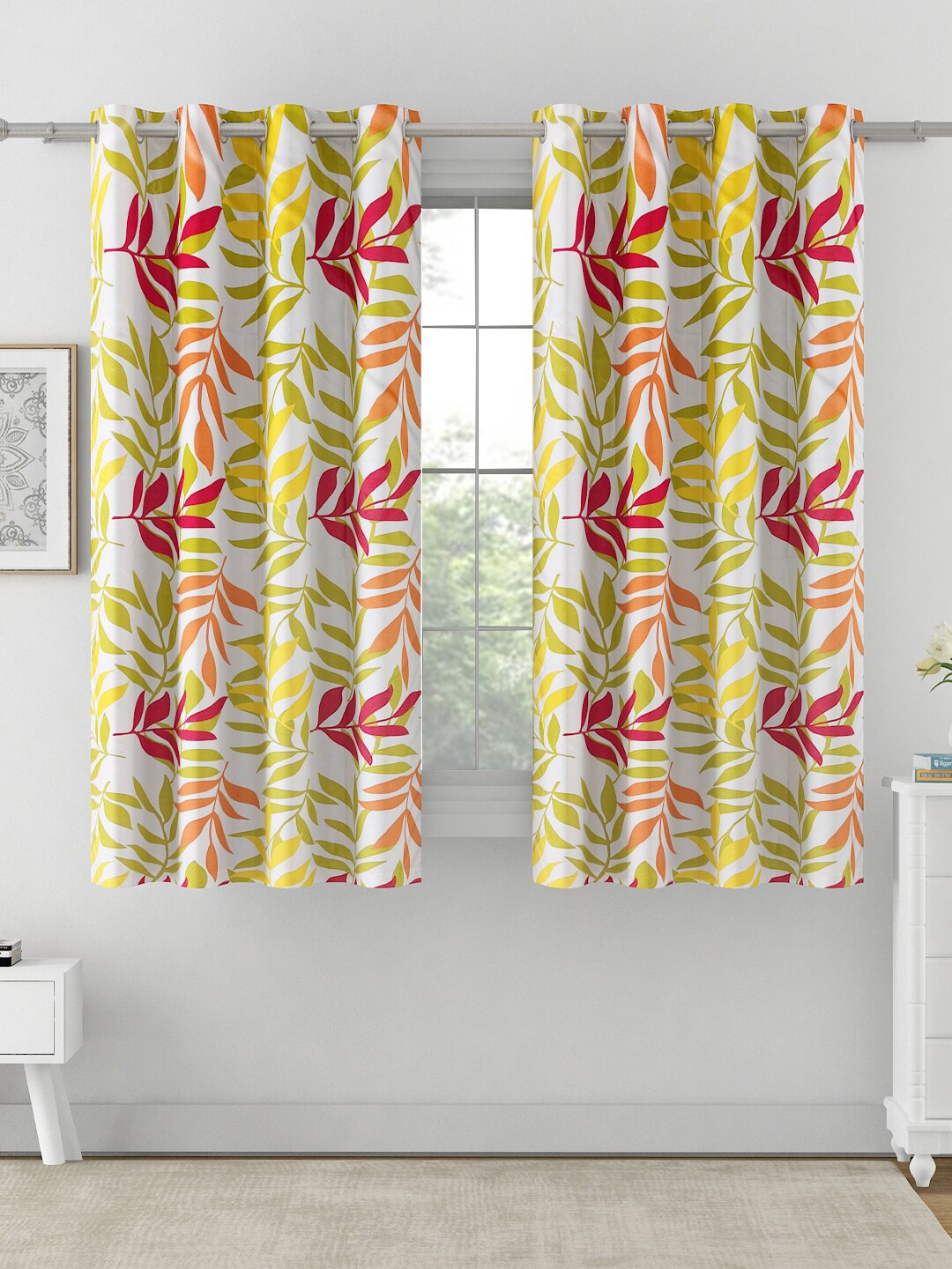 

SWAYAM Omega White & Yellow 2 Pieces Floral Printed Room Darkening Window Curtains