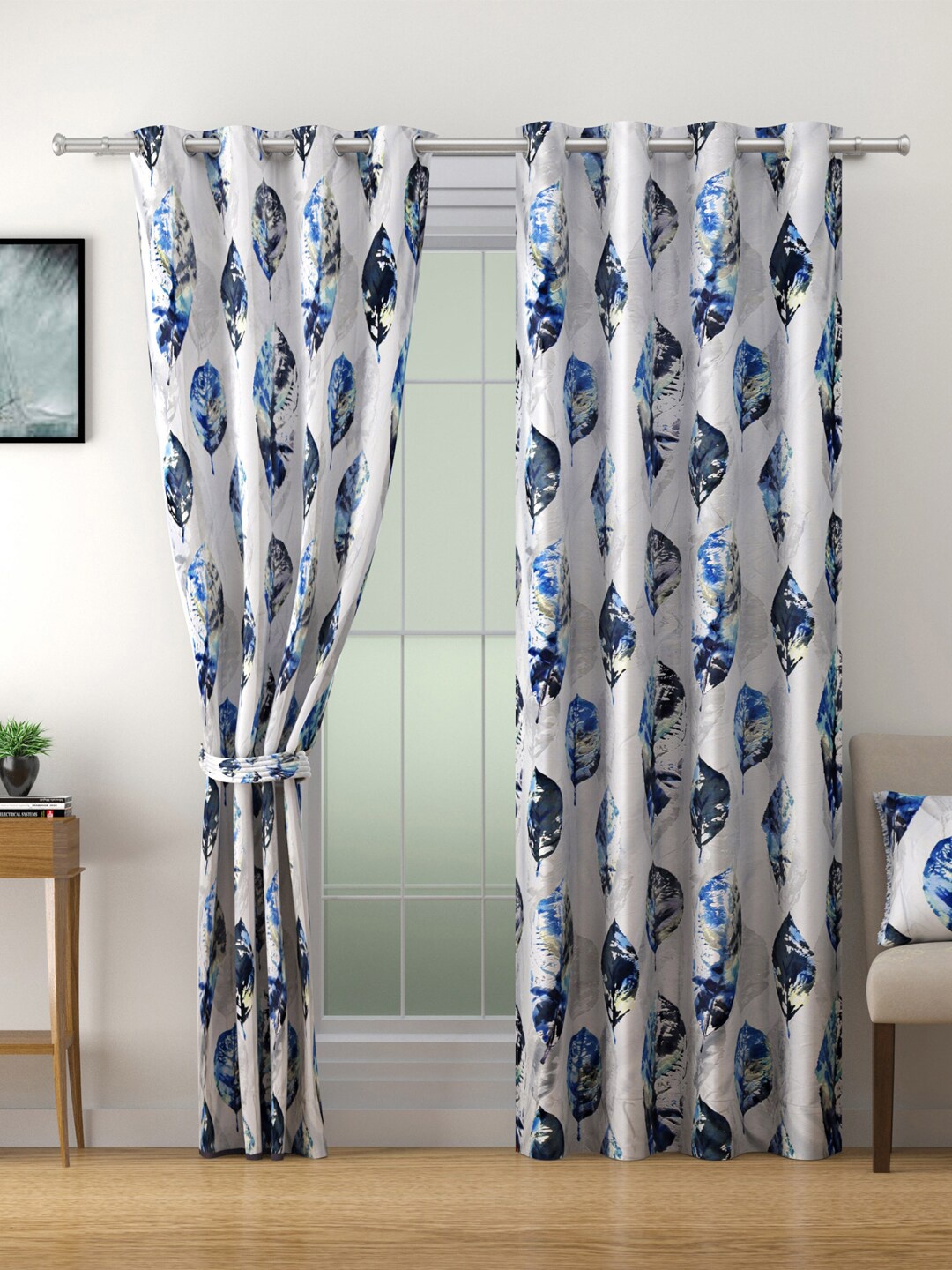 

SWAYAM Omega White & Blue Floral Room Darkening Long Door Curtain