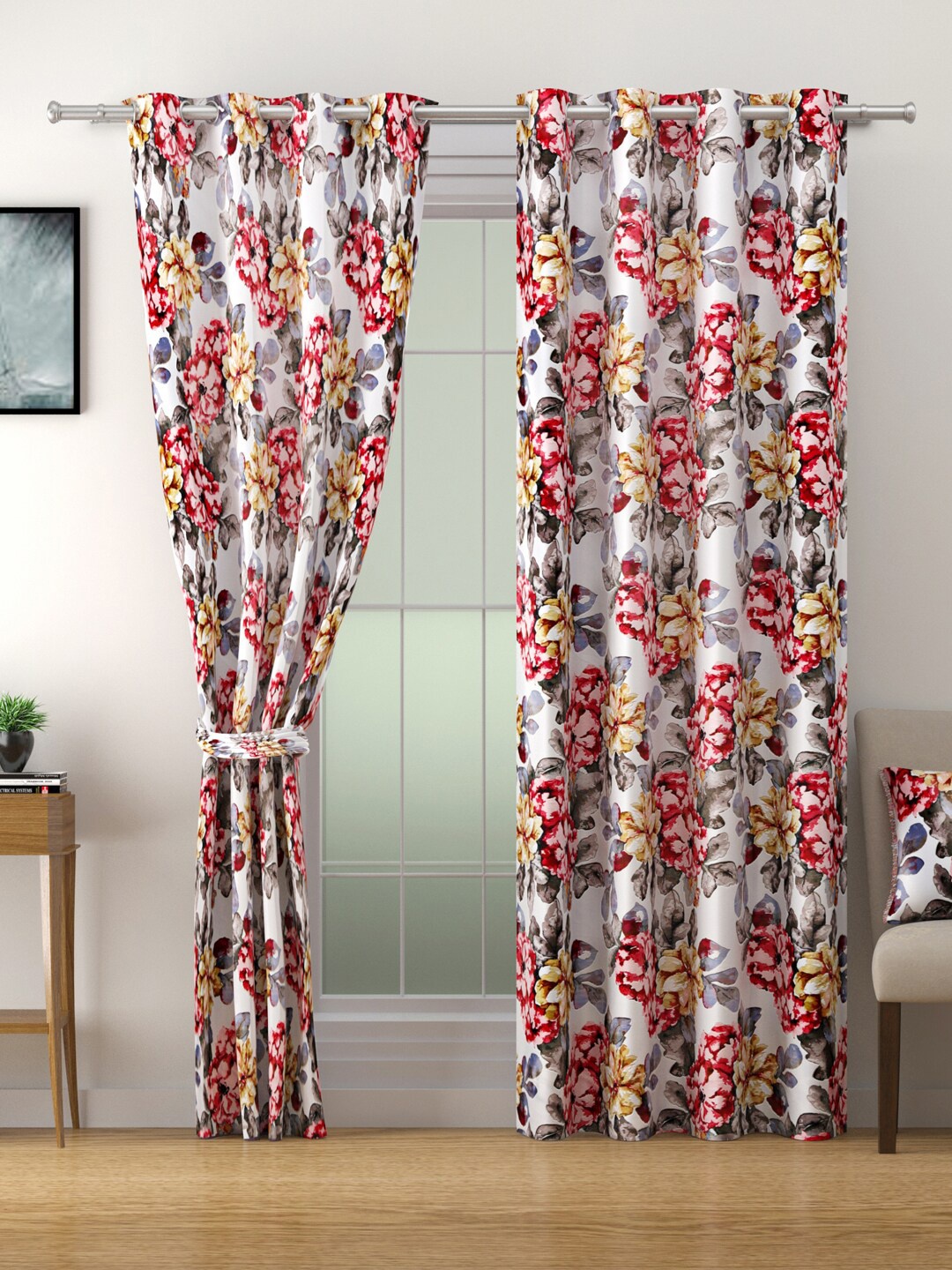 

SWAYAM Omega White & Grey Floral Room Darkening Long Door Curtain
