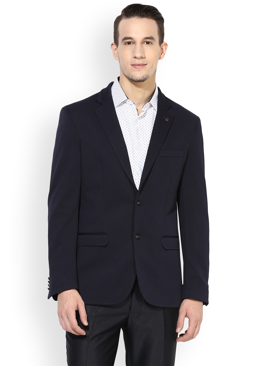 

Turtle Men Solid Navy Blue Knitted Single Breasted Formal Blazer