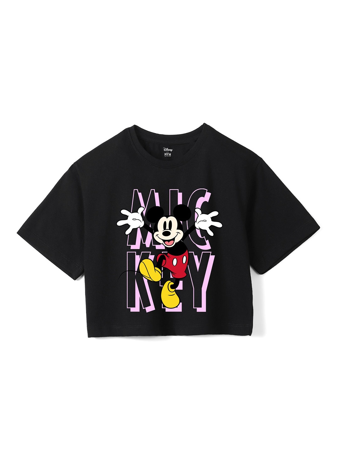 

Wear Your Mind Girls Mickey Mouse Printed Crop Boxy Pure Cotton T-Shirt, Black