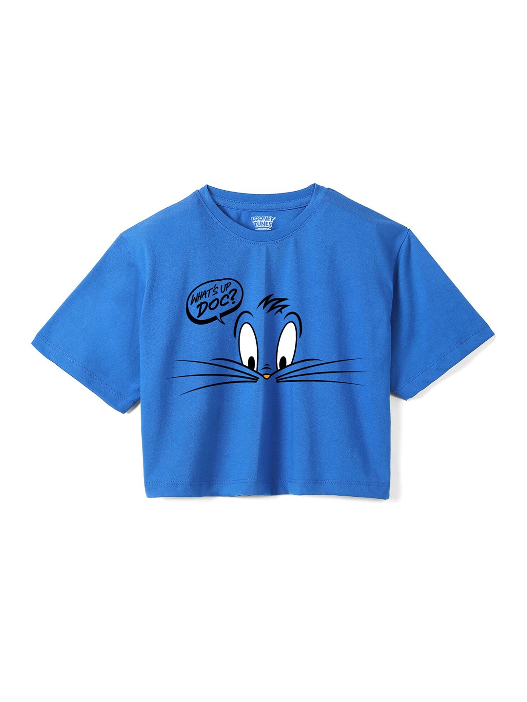 

Wear Your Mind Girls Bugs Bunny Printed Crop Boxy -Fit Pure Cotton T-Shirt, Blue