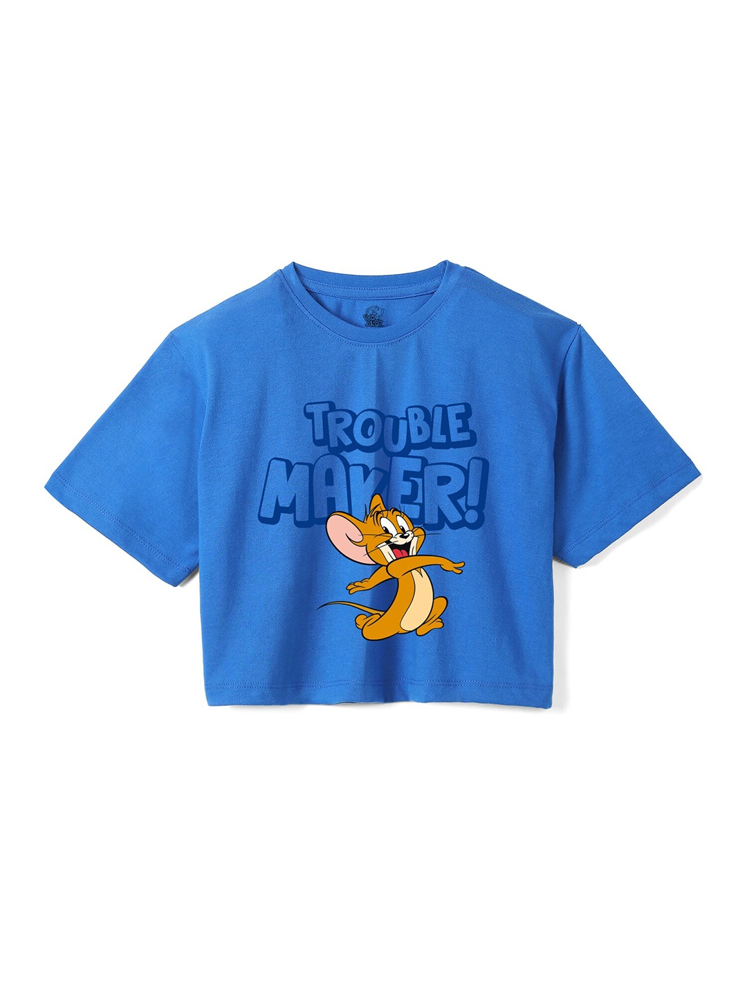 

Wear Your Mind Girls Tom & Jerry Printed Crop Boxy -Fit Pure Cotton T-Shirt, Blue