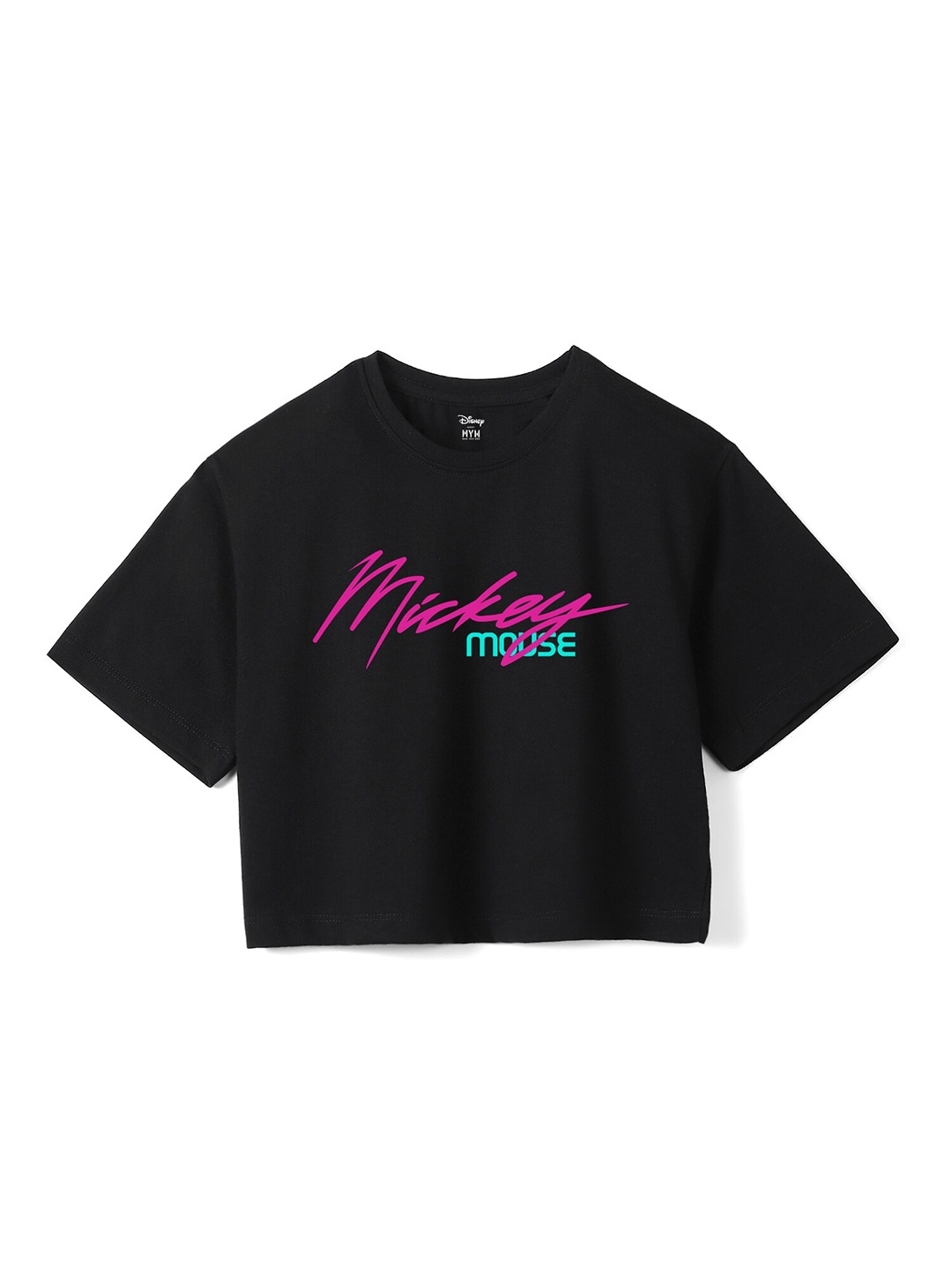 

Wear Your Mind Girls Mickey Mouse Printed Crop Boxy -Fit Pure Cotton T-Shirt, Black