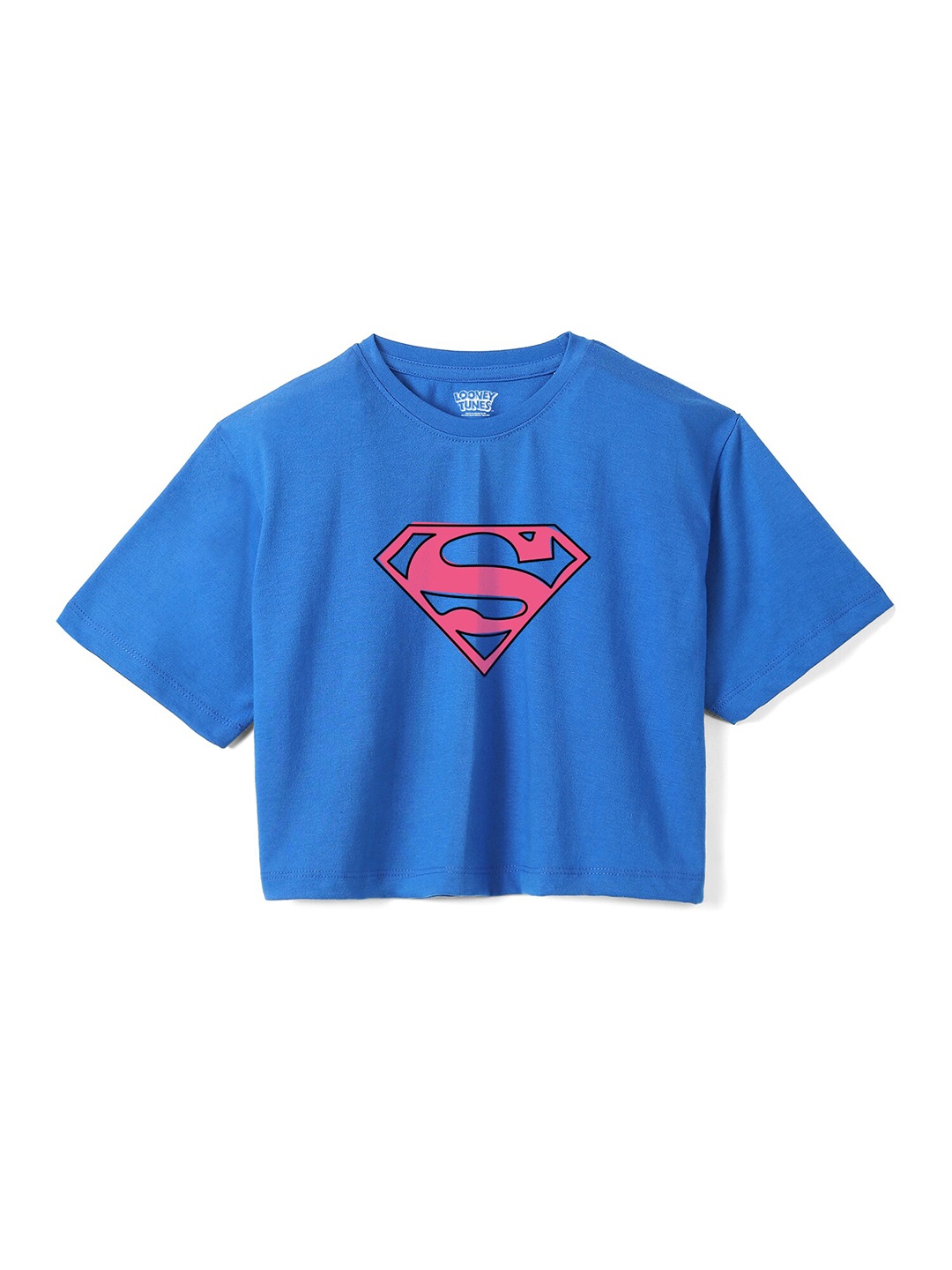 

Wear Your Mind Girls Supergirl Printed Crop Boxy -Fit Pure Cotton T-Shirt, Blue