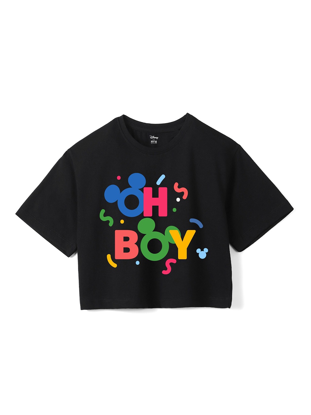 

Wear Your Mind Girls Mickey Mouse Printed Crop Boxy -Fit Pure Cotton T-Shirt, Black