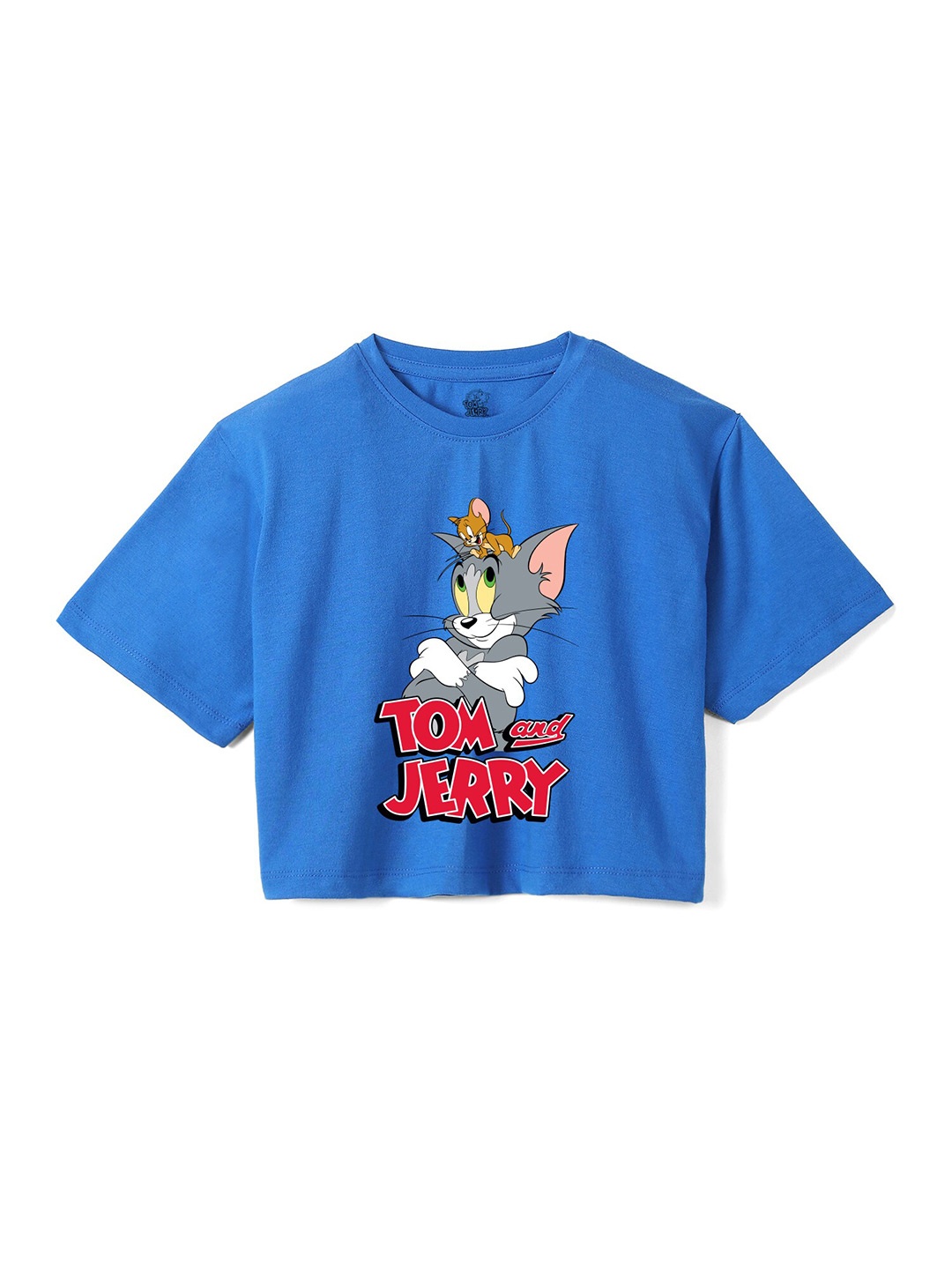 

Wear Your Mind Girls Tom & Jerry Printed Crop Boxy -Fit Pure Cotton T-Shirt, Blue