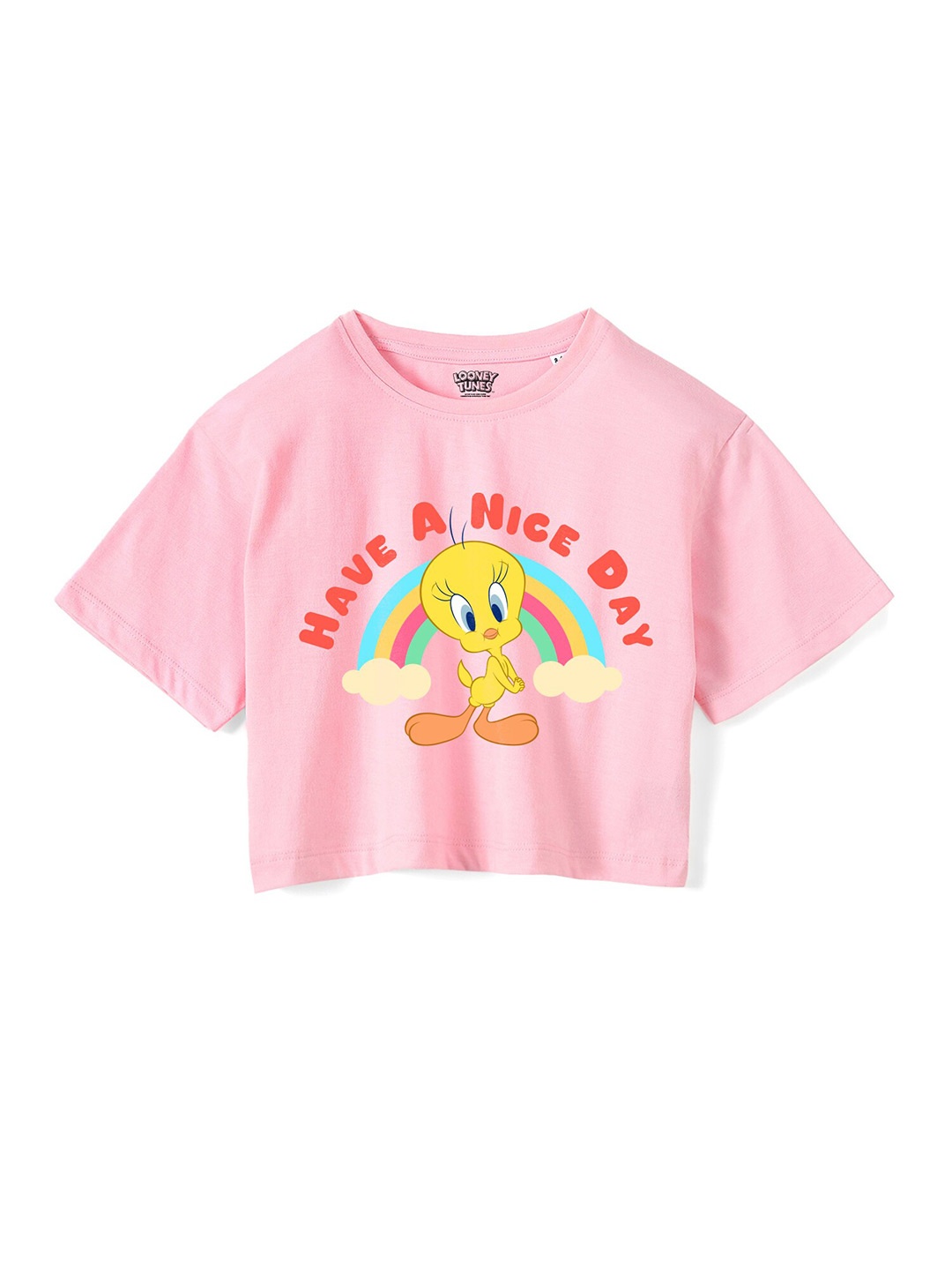 

Wear Your Mind Girls Tweety Printed Crop Boxy -Fit Pure Cotton T-Shirt, Pink