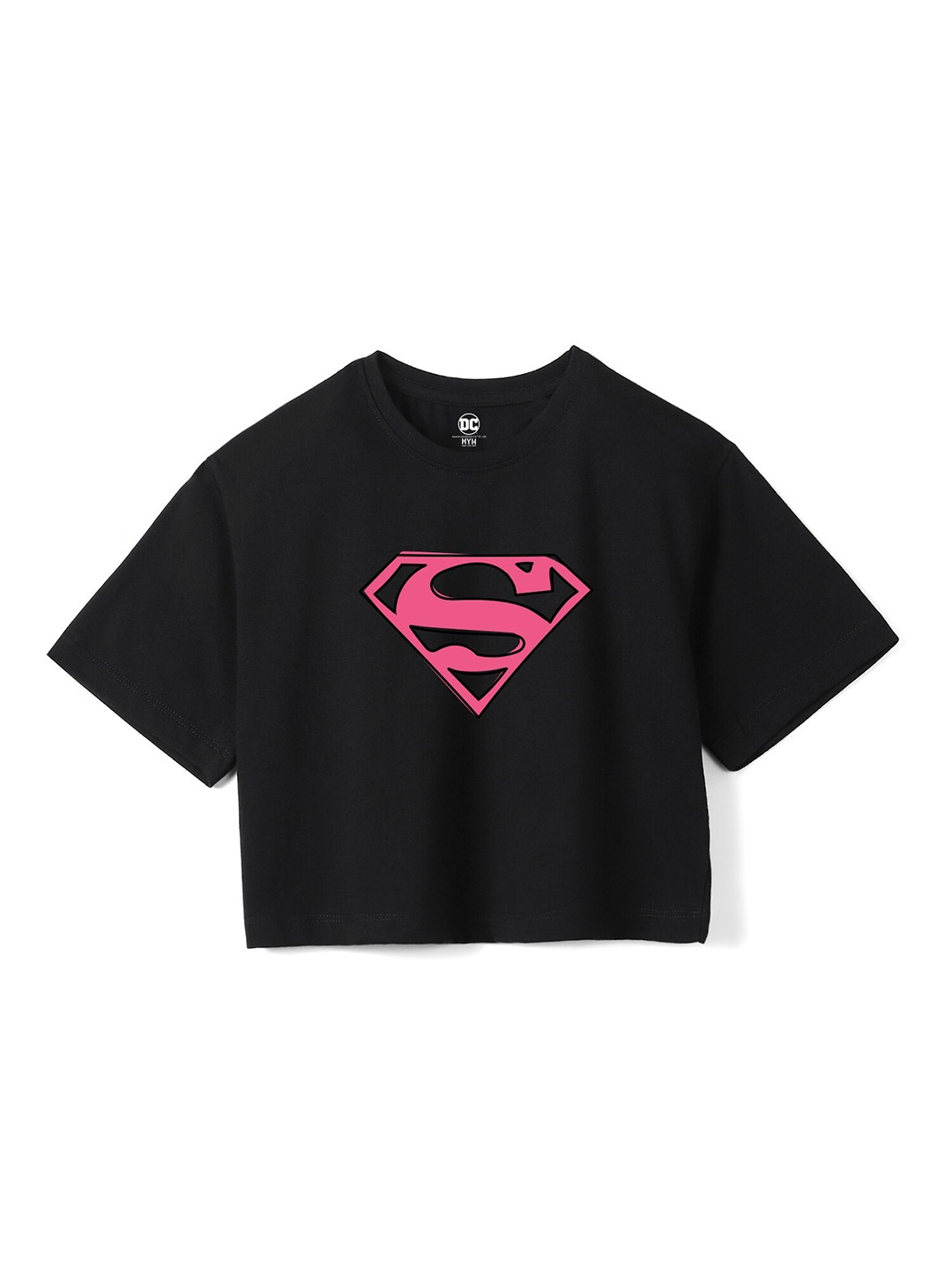

Wear Your Mind Girls Supergirl Printed Crop Boxy -Fit Pure Cotton T-Shirt, Black