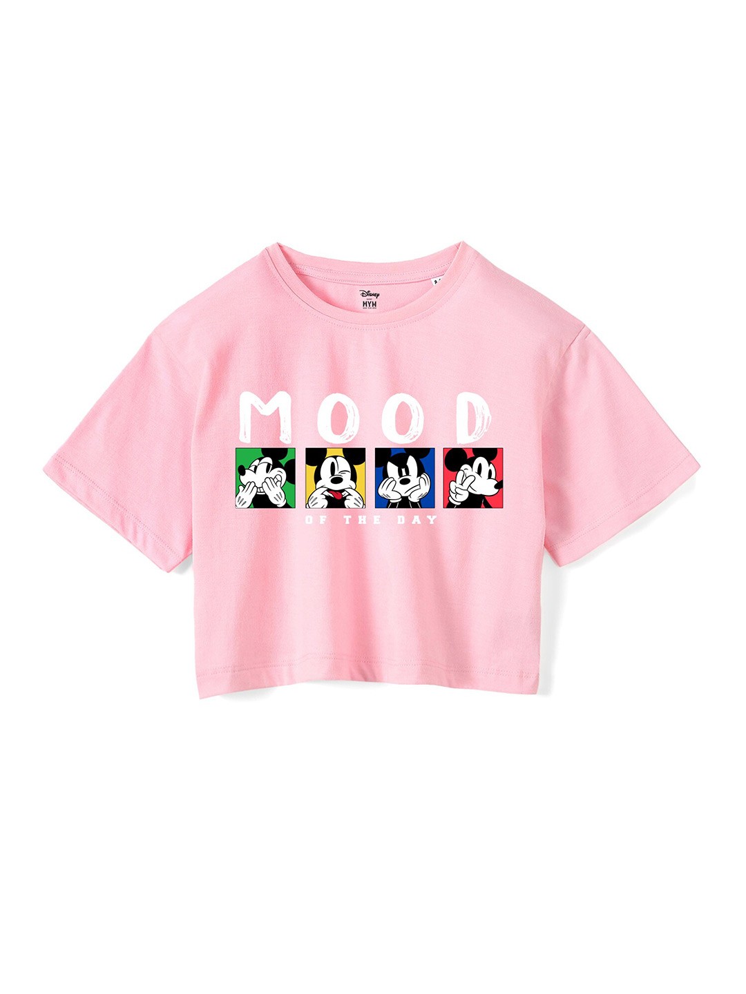 

Wear Your Mind Girls Mick Mouse Printed Drop-Shoulder Sleeves Pure Cotton Boxy T-shirt, Pink