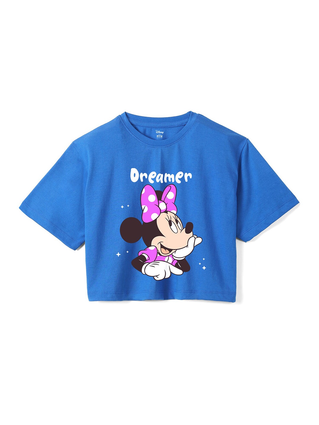 

Wear Your Mind Girls Minnie Mouse Printed Drop-Shoulder Sleeves Pure Cotton Boxy T-shirt, Blue