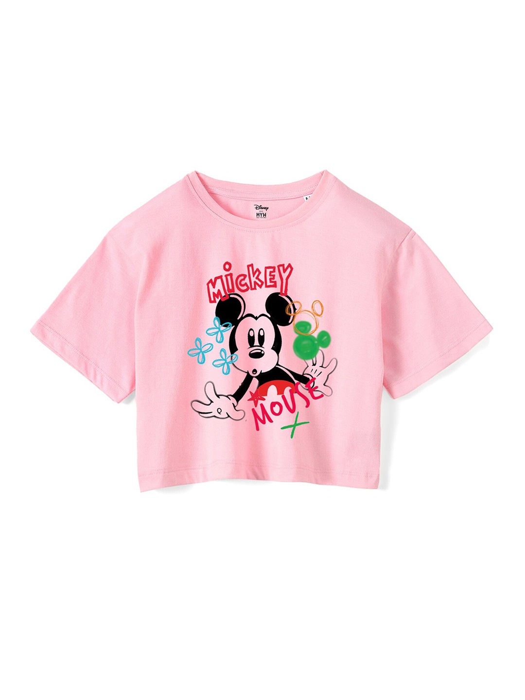 

Wear Your Mind Girls Mickey Mouse Printed Pure Cotton Boxy Crop T-shirt, Pink