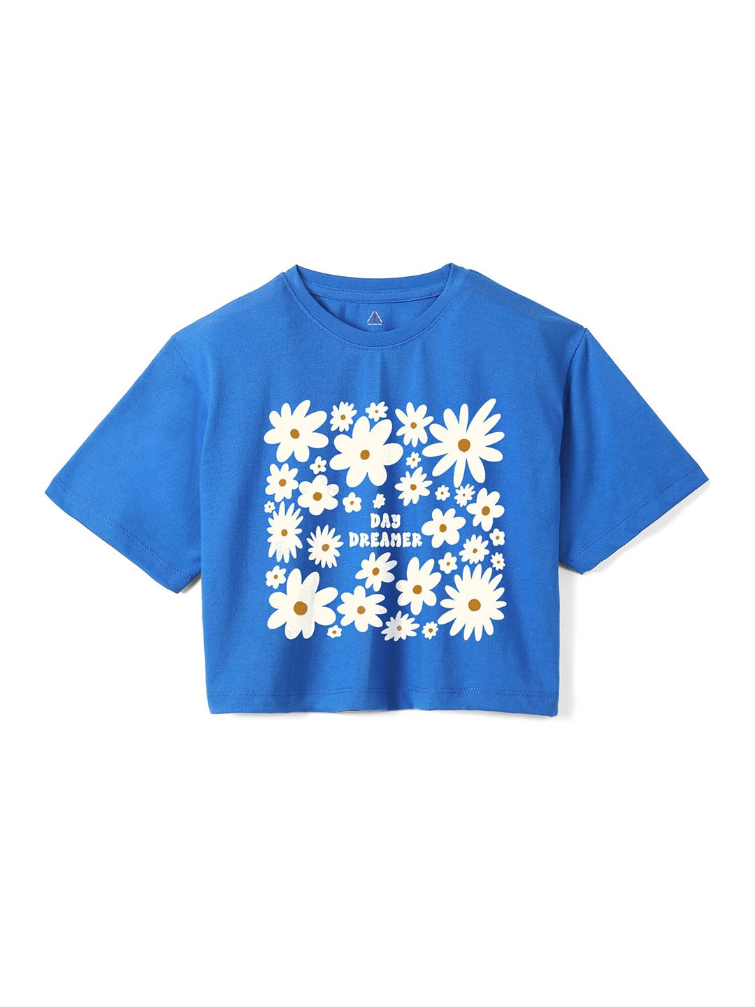 

Wear Your Mind Girls Floral Printed Boxy Crop Pure Cotton T-shirt, Blue