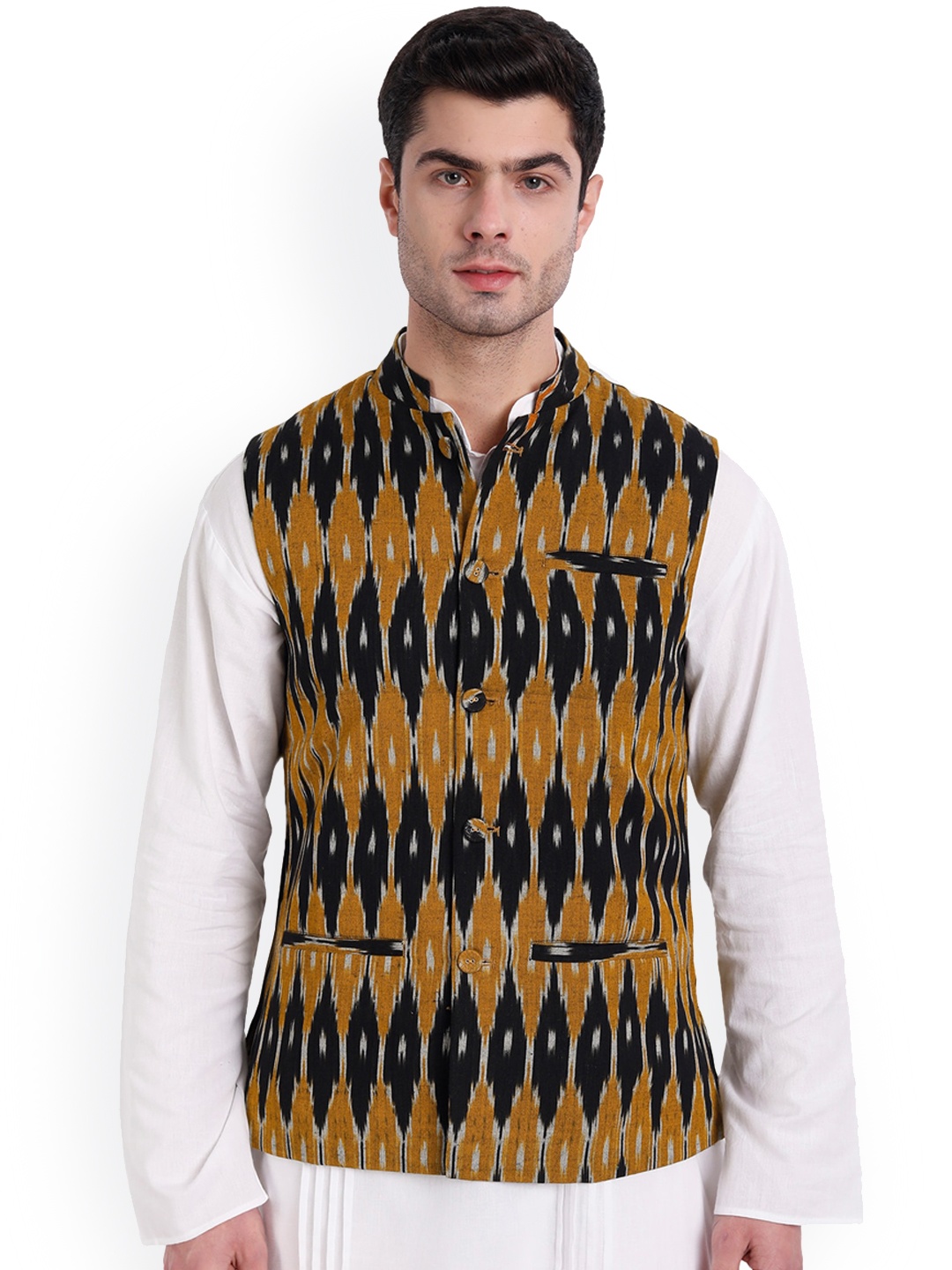 

Aashima Wahal Ikkat Printed Pure Cotton Nehru Jackets, Mustard